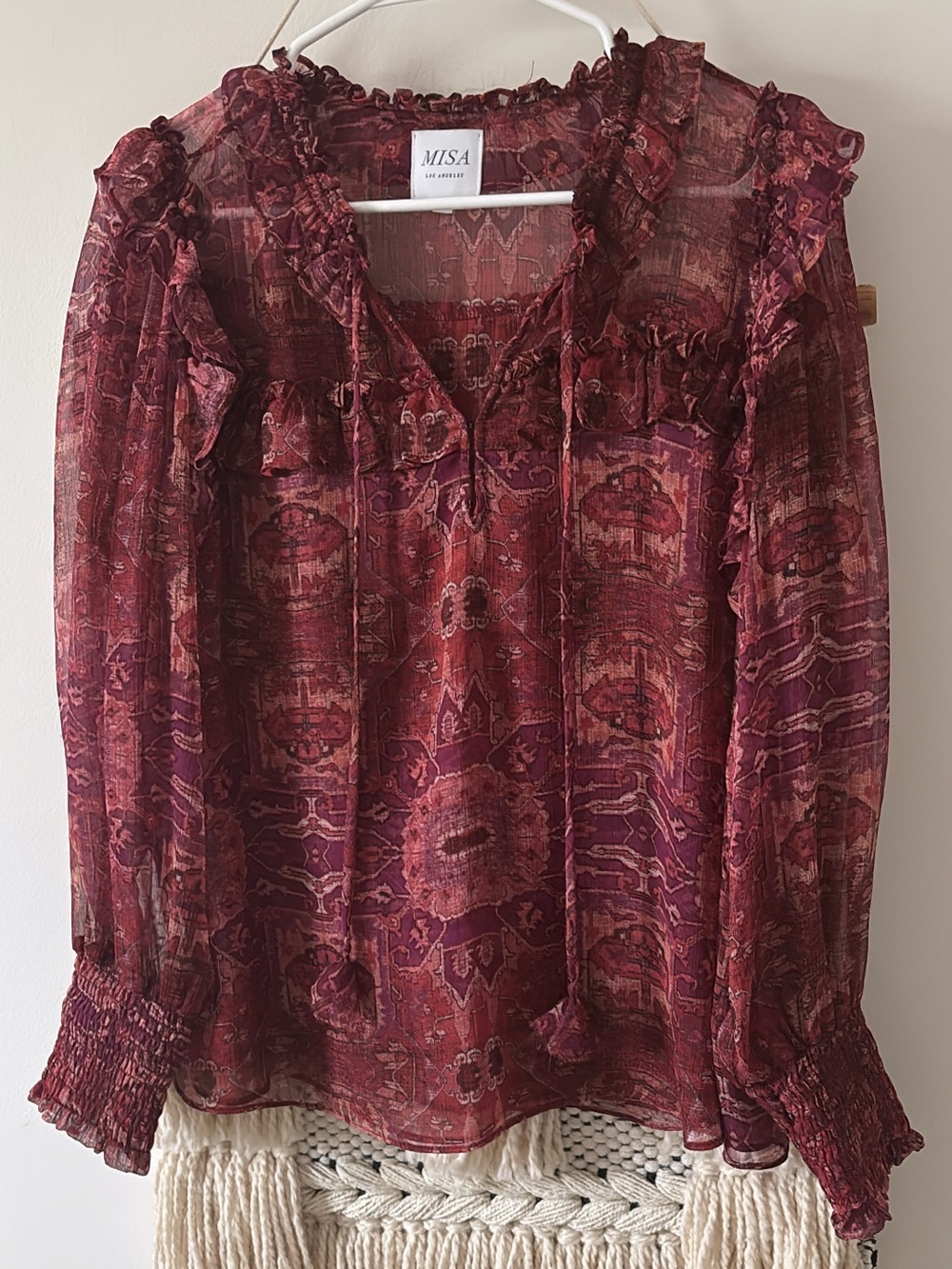 MISA Los Angeles Ruffle Long Sleeve Blouse Red Size Small